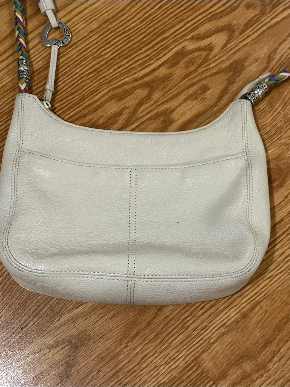 Brighton White Leather Shoulder Bag with Multicolor Braided Strap and Tassel